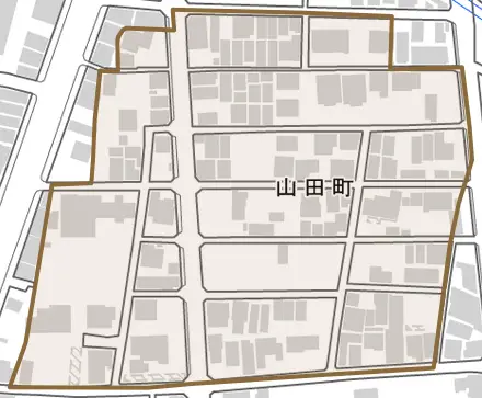 山田町とその周辺の地図。町の範囲を重ねている