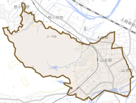 山名町とその周辺の地図。町の範囲を重ねている