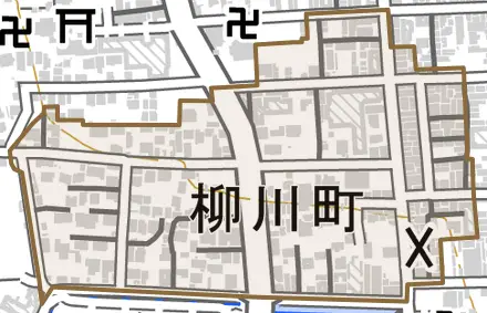 柳川町とその周辺の地図。町の範囲を重ねている