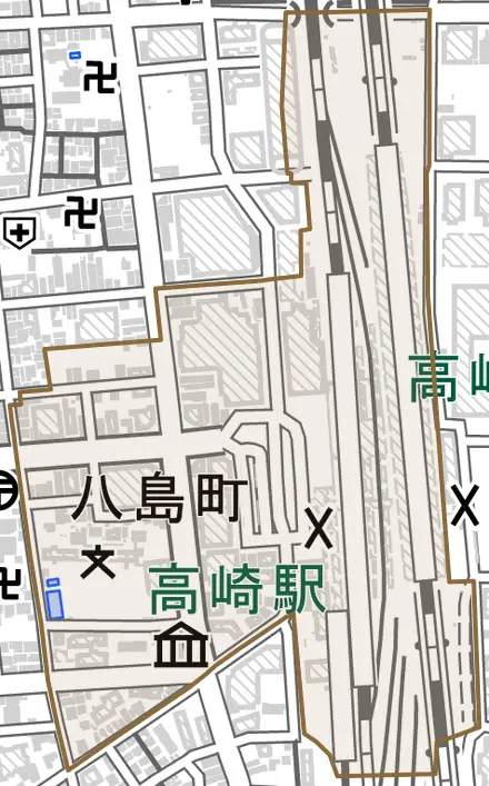 八島町とその周辺の地図。町の範囲を重ねている
