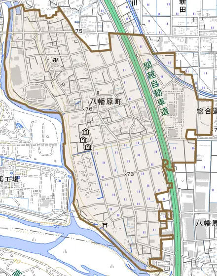 八幡原町とその周辺の地図。町の範囲を重ねている