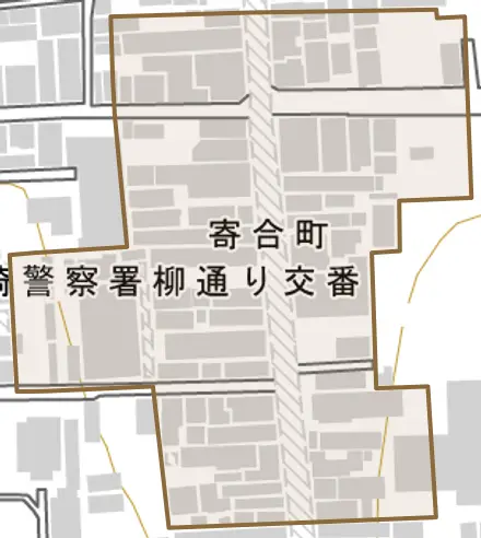 寄合町とその周辺の地図。町の範囲を重ねている