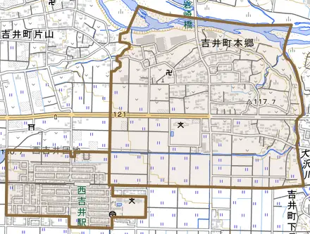 吉井町本郷とその周辺の地図。町の範囲を重ねている