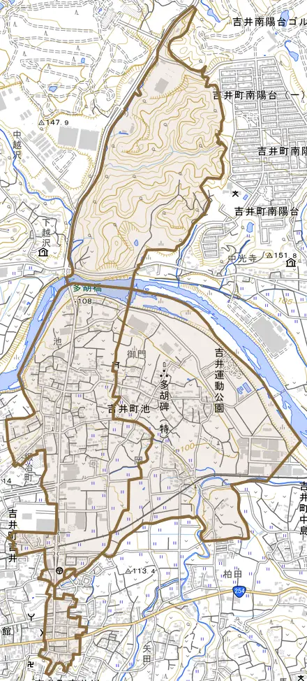 吉井町池とその周辺の地図。町の範囲を重ねている