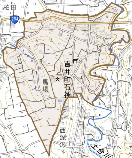 吉井町石神とその周辺の地図。町の範囲を重ねている
