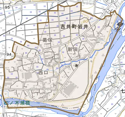 吉井町岩井とその周辺の地図。町の範囲を重ねている