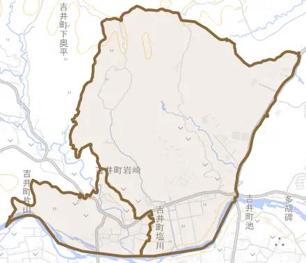 吉井町岩崎とその周辺の地図。町の範囲を重ねている