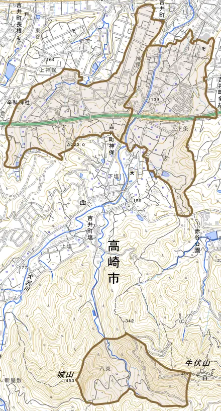 吉井町神保とその周辺の地図。町の範囲を重ねている