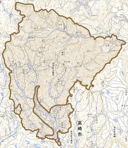 吉井町上奥平とその周辺の地図。町の範囲を重ねている