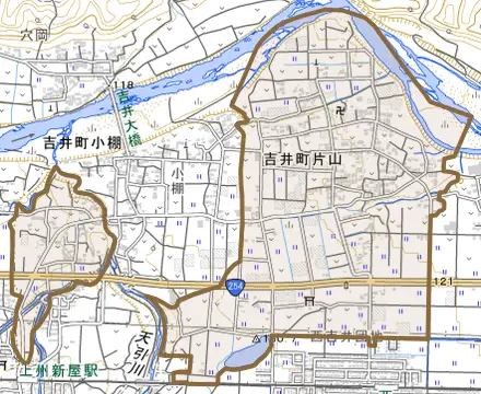 吉井町片山とその周辺の地図。町の範囲を重ねている