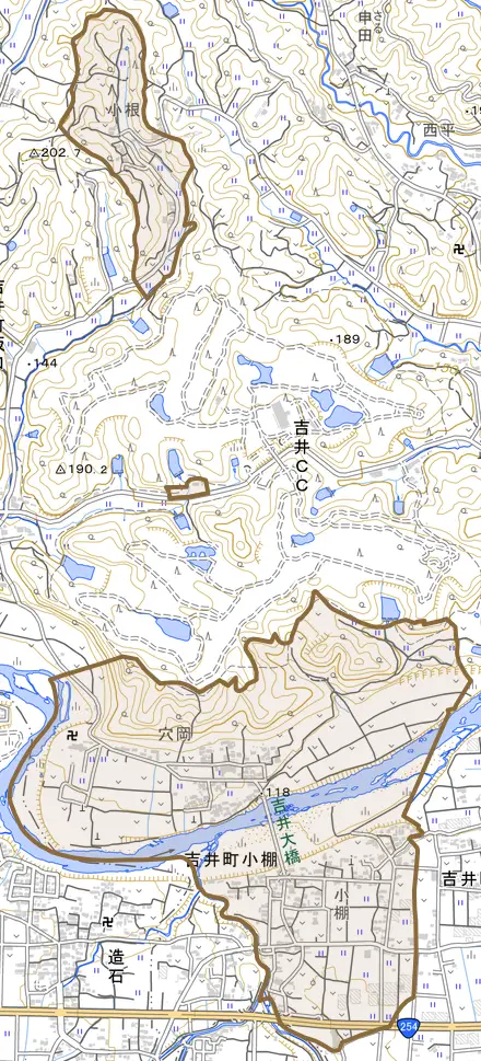 吉井町小棚とその周辺の地図。町の範囲を重ねている