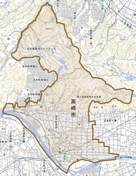 吉井町馬庭とその周辺の地図。町の範囲を重ねている