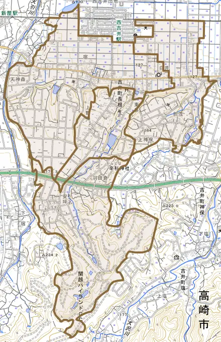 吉井町長根とその周辺の地図。町の範囲を重ねている