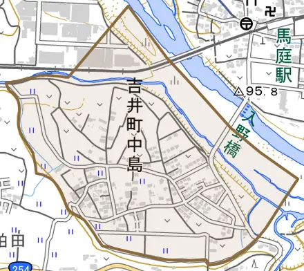 吉井町中島とその周辺の地図。町の範囲を重ねている