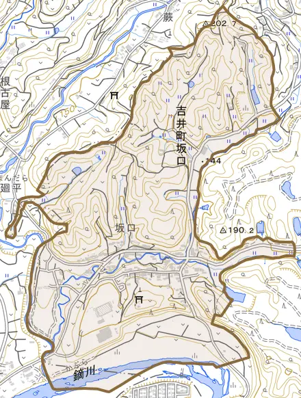 吉井町坂口とその周辺の地図。町の範囲を重ねている