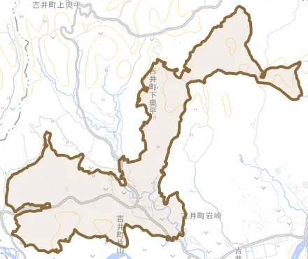 吉井町下奥平とその周辺の地図。町の範囲を重ねている
