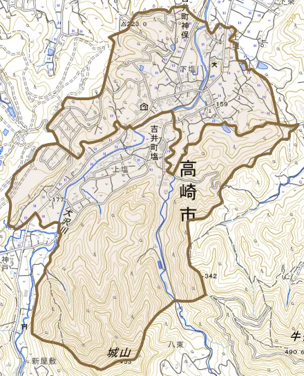 吉井町塩とその周辺の地図。町の範囲を重ねている