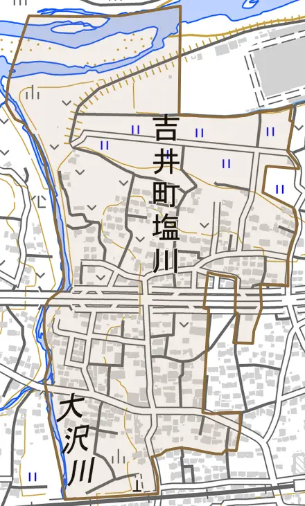 吉井町塩川とその周辺の地図。町の範囲を重ねている