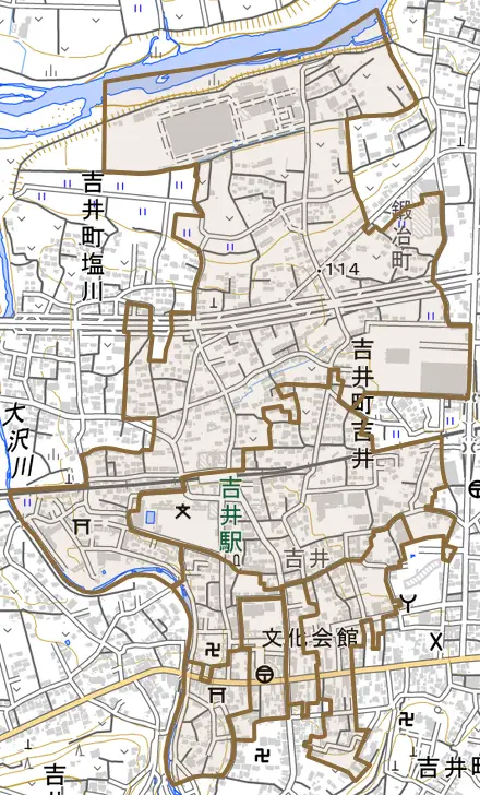 吉井町吉井とその周辺の地図。町の範囲を重ねている