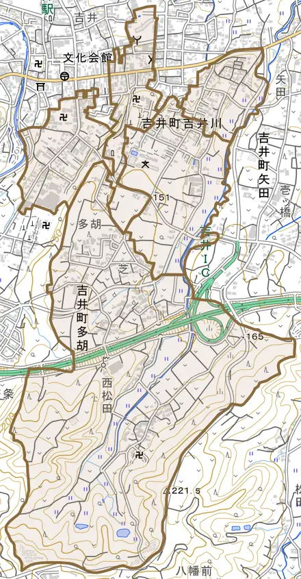 吉井町吉井川とその周辺の地図。町の範囲を重ねている