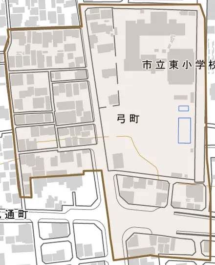 弓町とその周辺の地図。町の範囲を重ねている