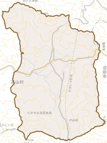 大字中山とその周辺の地図。町の範囲を重ねている
