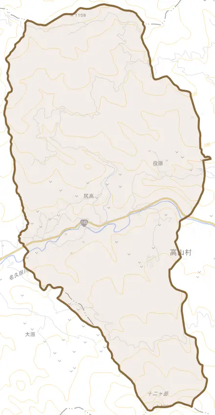 大字尻高とその周辺の地図。町の範囲を重ねている