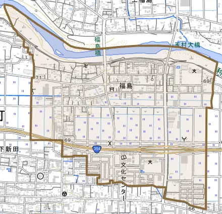 大字福島とその周辺の地図。町の範囲を重ねている