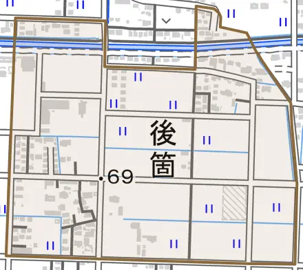 大字後箇とその周辺の地図。町の範囲を重ねている