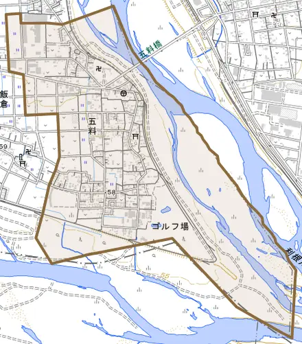 大字五料とその周辺の地図。町の範囲を重ねている