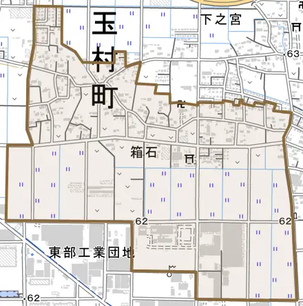 大字箱石とその周辺の地図。町の範囲を重ねている
