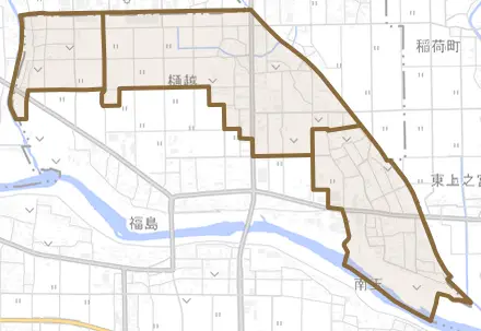 大字樋越とその周辺の地図。町の範囲を重ねている