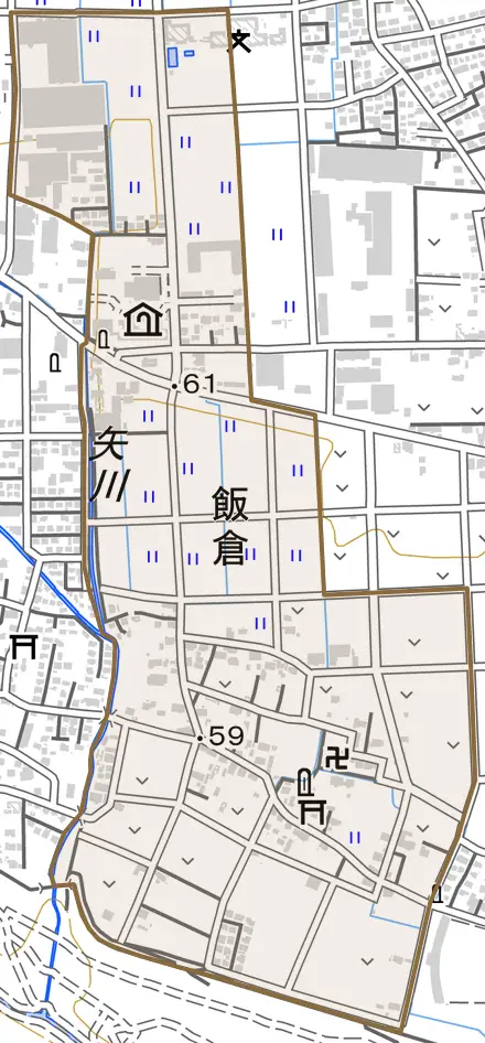 大字飯倉とその周辺の地図。町の範囲を重ねている