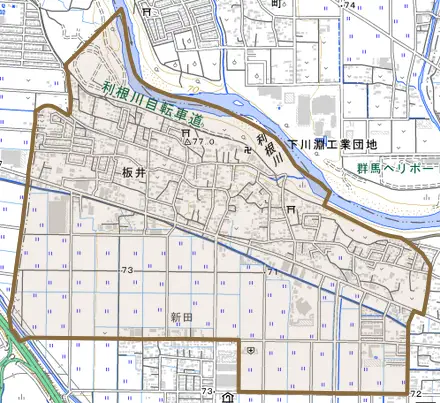 大字板井とその周辺の地図。町の範囲を重ねている