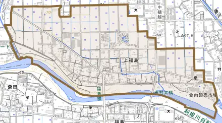 大字上福島とその周辺の地図。町の範囲を重ねている