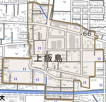 大字上飯島とその周辺の地図。町の範囲を重ねている