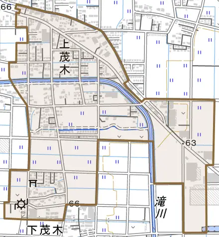 大字上茂木とその周辺の地図。町の範囲を重ねている