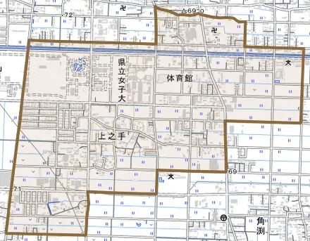 大字上之手とその周辺の地図。町の範囲を重ねている