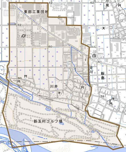 大字川井とその周辺の地図。町の範囲を重ねている