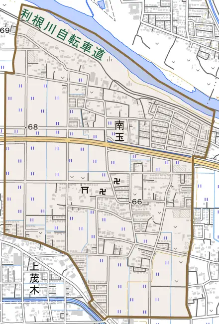 大字南玉とその周辺の地図。町の範囲を重ねている