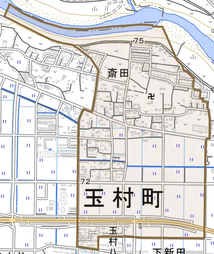 大字斎田とその周辺の地図。町の範囲を重ねている