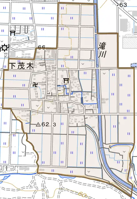 大字下茂木とその周辺の地図。町の範囲を重ねている