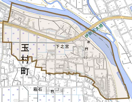 大字下之宮とその周辺の地図。町の範囲を重ねている