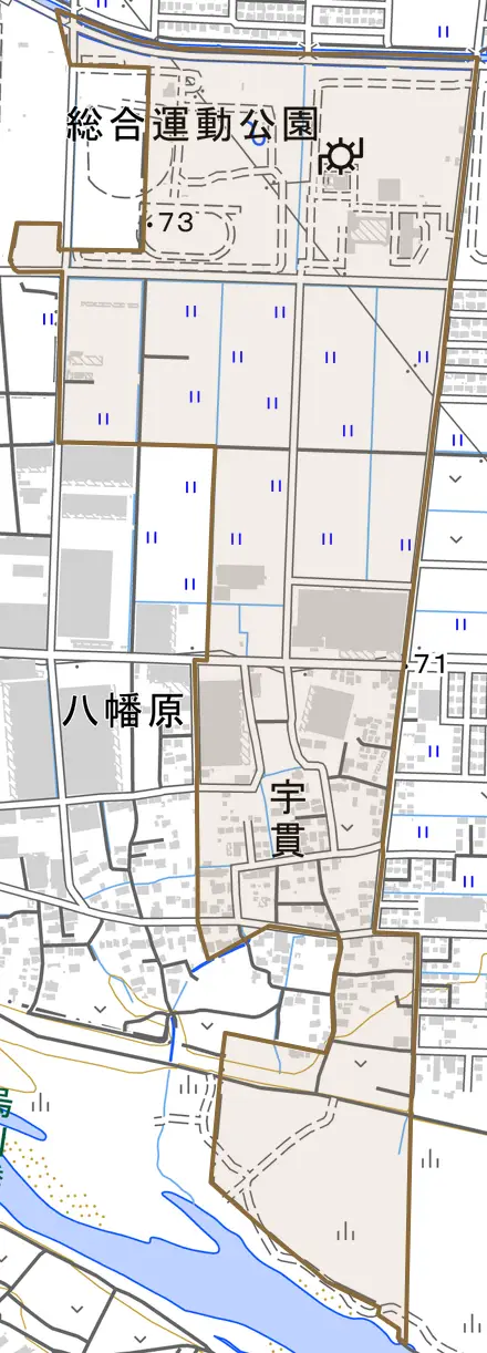 大字宇貫とその周辺の地図。町の範囲を重ねている