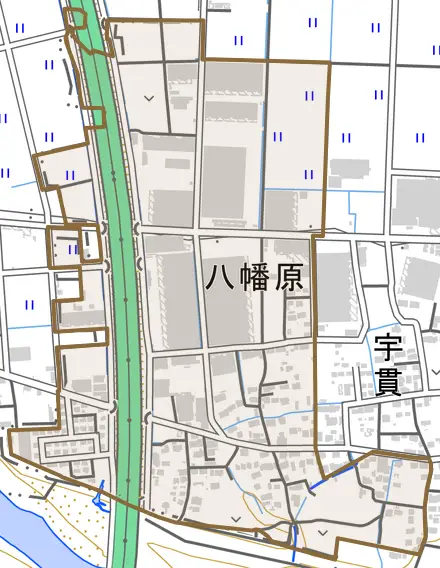 大字八幡原とその周辺の地図。町の範囲を重ねている