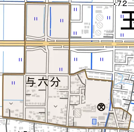 大字与六分とその周辺の地図。町の範囲を重ねている