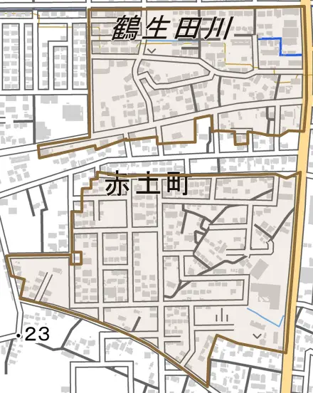 赤土町とその周辺の地図。町の範囲を重ねている