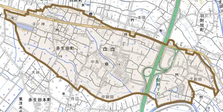 赤生田町とその周辺の地図。町の範囲を重ねている
