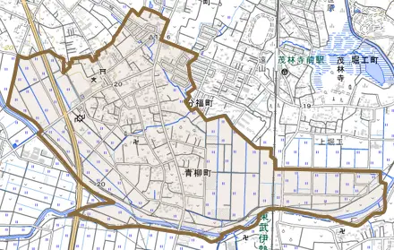青柳町とその周辺の地図。町の範囲を重ねている