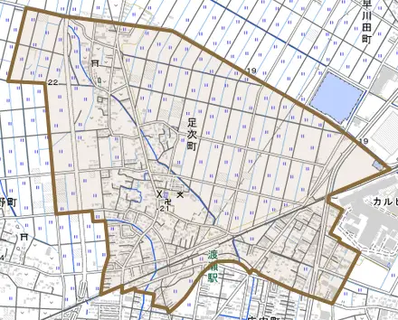 足次町とその周辺の地図。町の範囲を重ねている